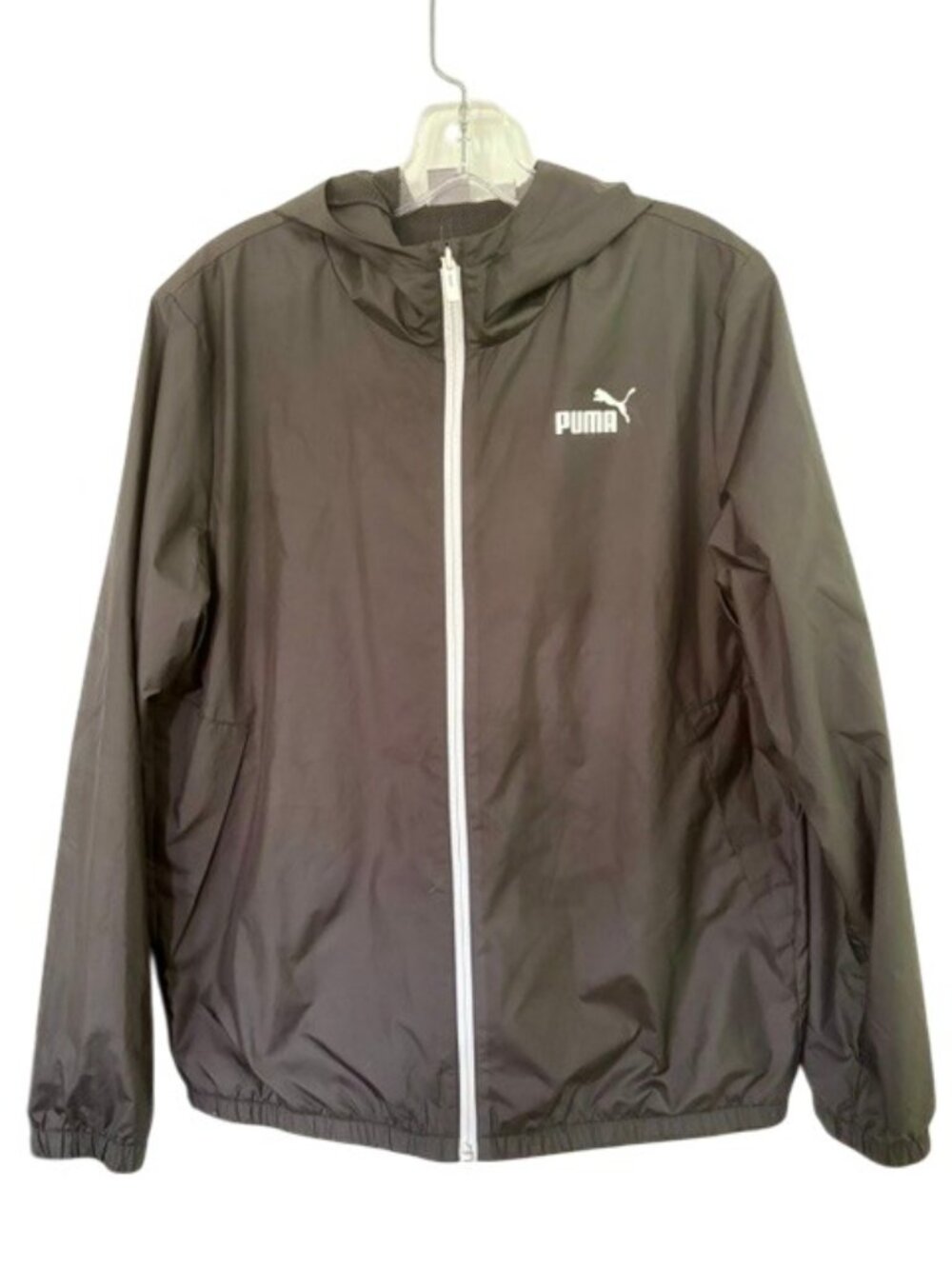 Puma Women's Essentials Solid Windbreaker Jacket Black Full Zip Hood Large